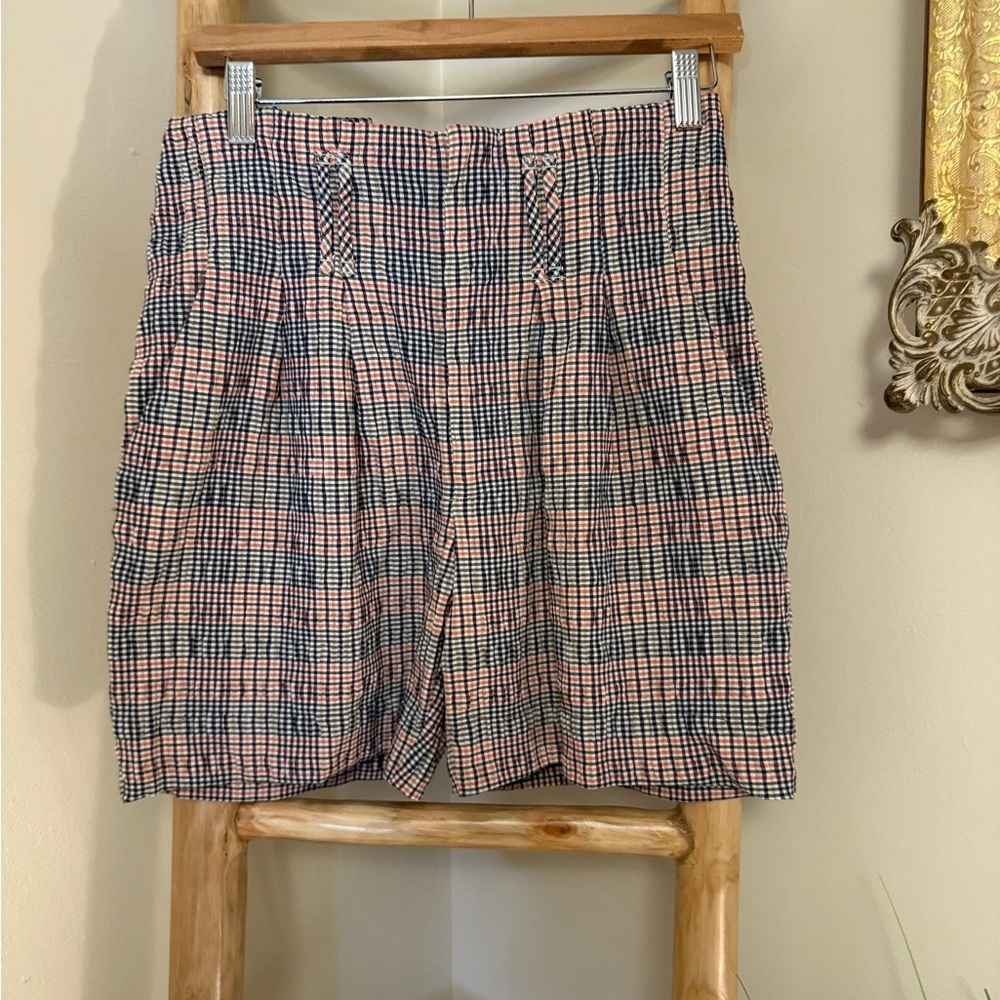 Anthropologie Hazelle Blue Tan Orange Slim Seersucker Paperbag Waist Shorts 4
